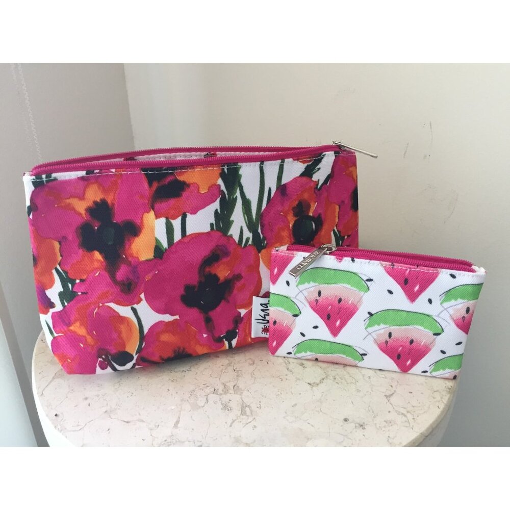 Clinique 2 PC Floral Canvas Matching Print Pink White Makeup Cosmetic Bag Clutch